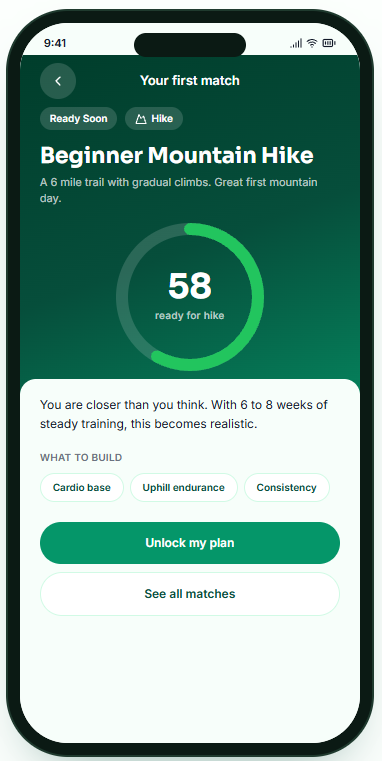 SummitFit challenge match screen showing a Beginner Mountain Hike readiness score of 58 out of 100